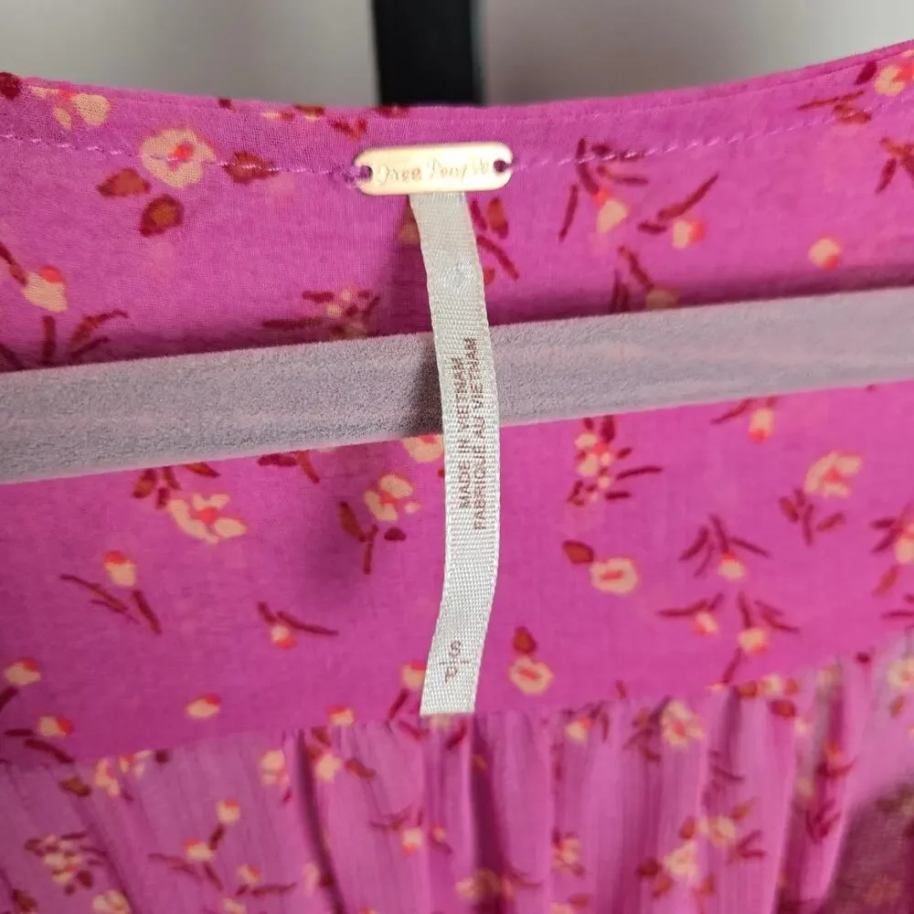 Free People Lolita Smocked‎ Floral Long Sleeve Peasant Blouse Pink Floral Small